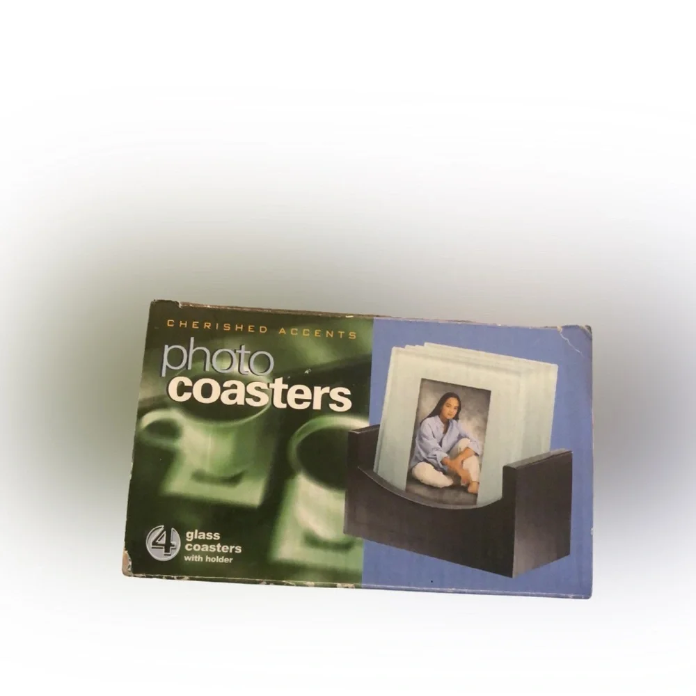 NIB Glass Photo Coasters Set – 2x3 Display – Holder Missing – Box Damaged